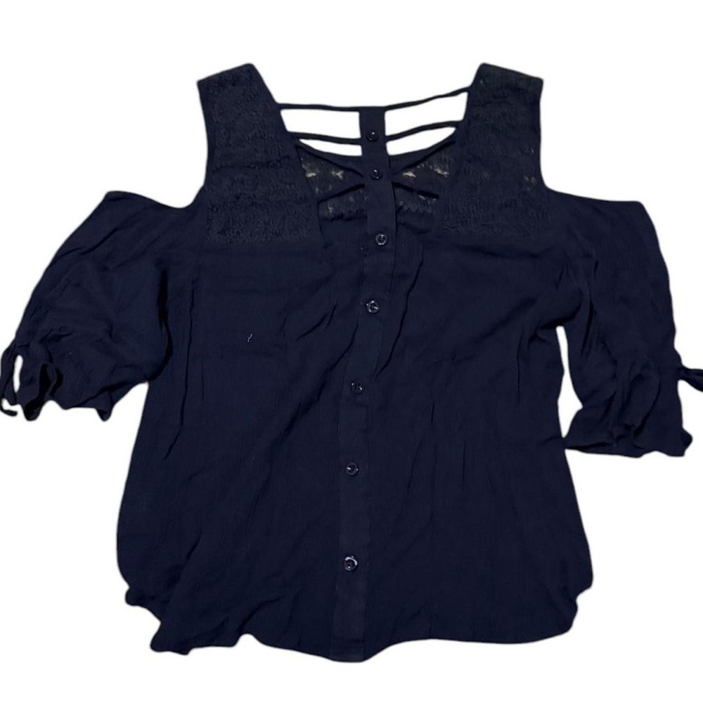Blue Ruffled Cut Out Blouse - Picture 2 of 6